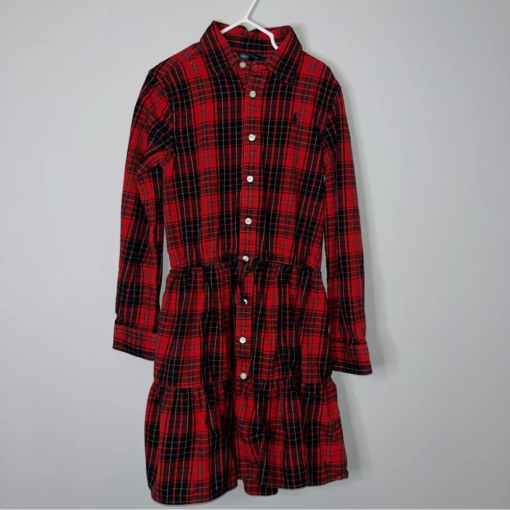 Ralph Lauren Red and Black Plaid Kids Casual Dress Girls 8